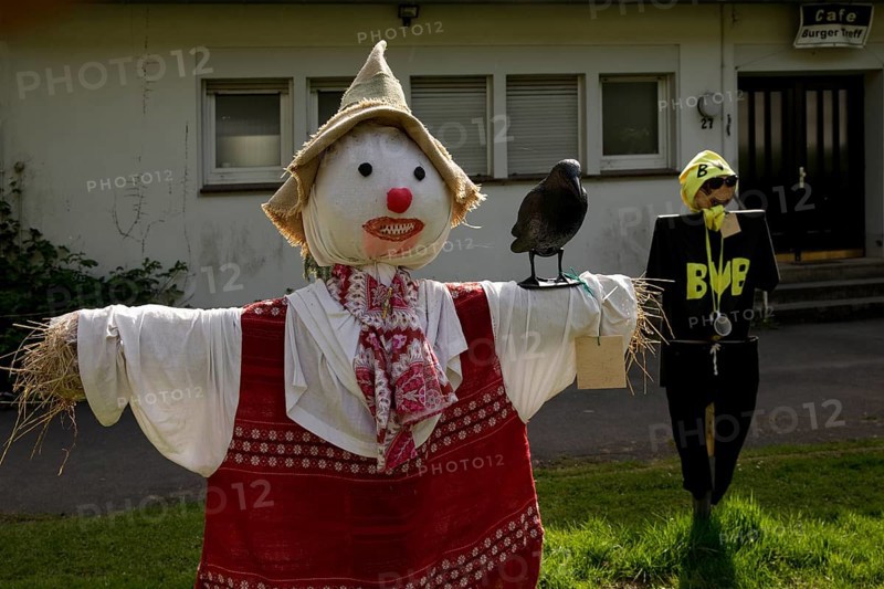 Scarecrows at the parish hall of the Protestant church in Unterburg, Solingen, Bergisches Land, North Rhine-Westphalia
