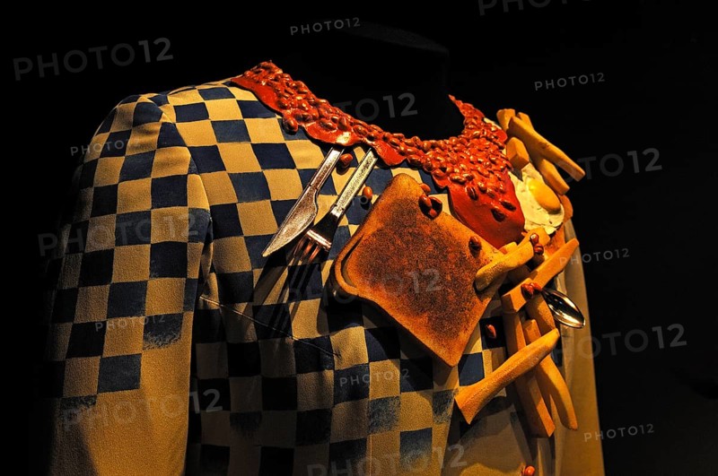 Costume, detail, with toast, fried egg, chips and cutlery for a theatre play in 1996 at the Victoria & Albert Museum, 1-5 Exhibition Rd, London, England, Great Britain
