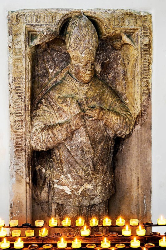 Epitaph, relief, bishop's figure, former monastery church of St. Peter and Paul, Irsee monastery or abbey, former Benedictine abbey, today a conference and education centre of the district of Swabia, Irsee, Swabia, Bavaria, Germany, Europe