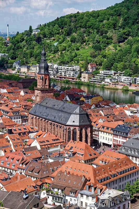 View of Heidelberg with the Heiliggeistkirche from the garden of Heidelberg Castle, Heidelberg, Baden-Wuerttemberg, Germany, Europe