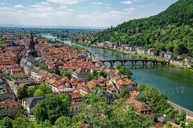 View from the Scheffel Terrace of Heidelberg Castle of Heidelberg with the Heiliggeistkirche and the Old Bridge, Heidelberg, Baden-Wuerttemberg, Germany, Europe