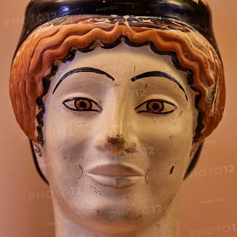 Attic vase in the shape of a woman's head, Midas, A painted ceramic face sculpture with vivid colours and artistic expression, Interiors, Archaeological Museum, Old Town, Rhodes Town, Rhodes, Dodecanese, Greek Islands, Greece, Europe