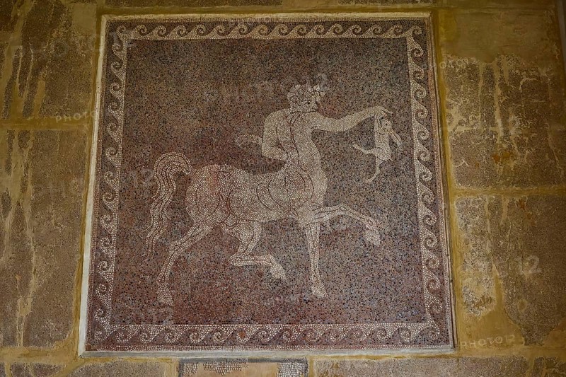 Antique mosaic with a centaur holding a rabbit, surrounded by decorative patterns, outdoor area, Archaeological Museum, Old Town, Rhodes Town, Rhodes, Dodecanese, Greek Islands, Greece, Europe