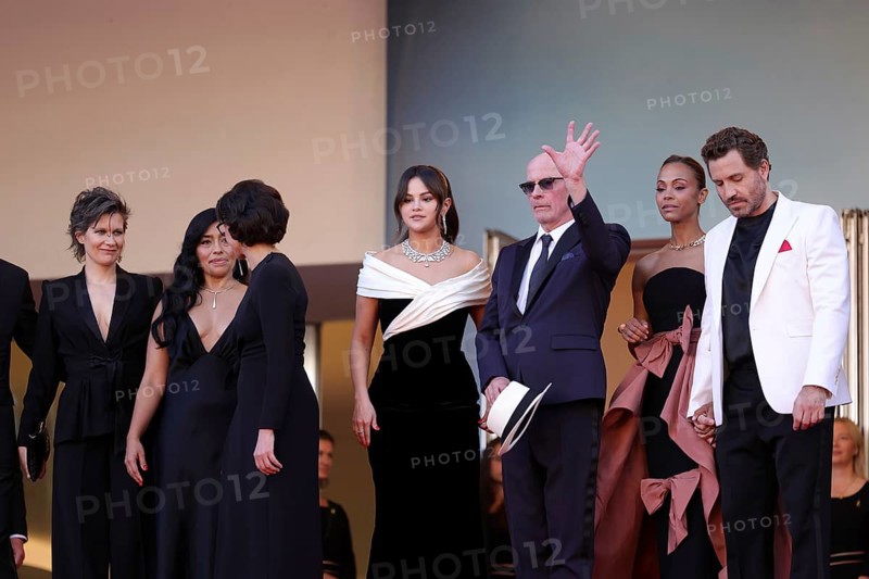 Cannes, France, 17.5.2024: Camille, Adriana Paz, Rachida Dati, Selena Gomez, Jacques Audiard, Zoe Saldana and Edgar Ramirez at the premiere of Emilia Perez on the red carpet of the Palais des Festivals during the 77th Cannes International Film Festival. The 77th Cannes International Film Festival will take place from 14 to 25 May 2024, Europe