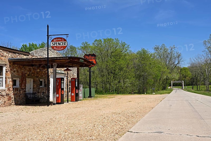 A remote stretch of historic Route 66 passes a lonely petrol station in Spencer, Missouri