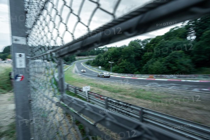 Cars race past on a race track, seen through a safety fence. Nuerburgring race track, Nuerburg Germany