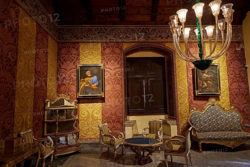 Stylish Victorian room with paintings and furniture, interior view, Grand Master's Palace, Knights' Town, Rhodes Town, Rhodes, Dodecanese, Greek Islands, Greece, Europe