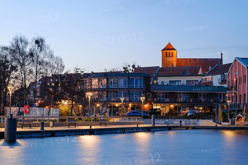 Town view of Lake Mueritz with St Georgen Church, Blue Hour, Waren, Mueritz, Mecklenburg Lake District, Mecklenburg, Mecklenburg-Western Pomerania, Germany, Europe