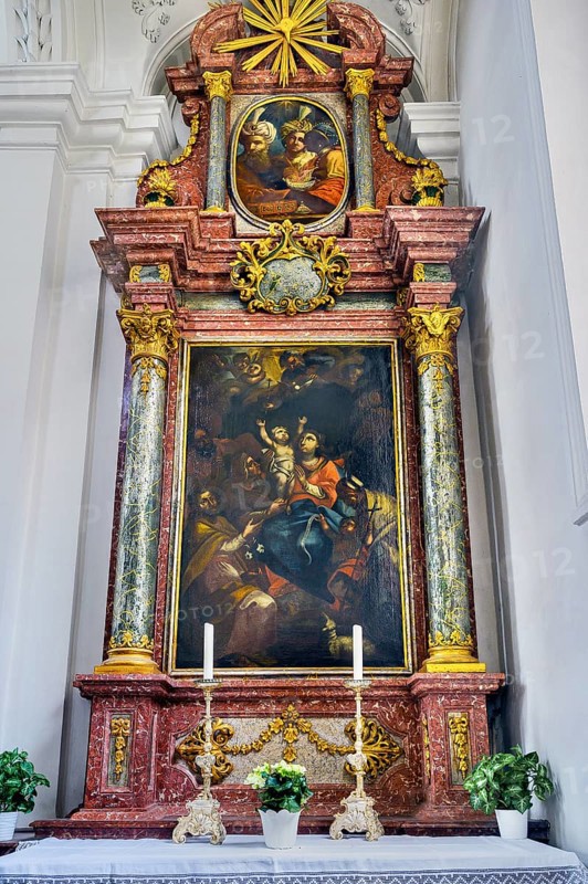 Side altar, former monastery church of St. Peter and Paul, Irsee monastery or abbey, former Benedictine abbey, today a conference and education centre of the district of Swabia, Irsee, Swabia, Bavaria, Germany, Europe
