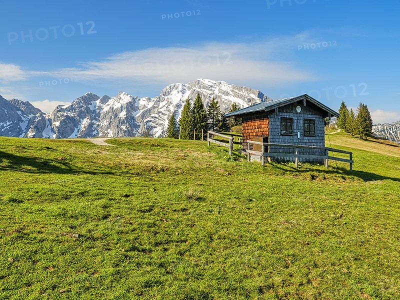 Hoher Goell with hut, Rossfeld panoramic road, Rossfeld, Berchtesgaden, Bavaria, Germany, Europe