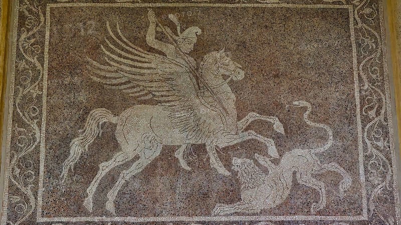 Ancient mosaic with Bellerophon on horse Pegasus fighting a chimera, showing mythological scenes, outdoor area, Archaeological Museum, Old Town, Rhodes Town, Rhodes, Dodecanese, Greek Islands, Greece, Europe