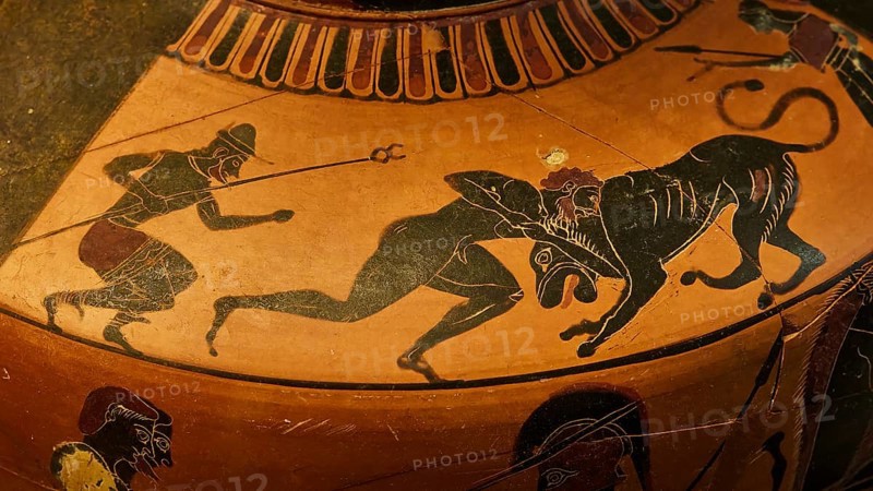 Detail, Ancient Greek vase depicting a warrior fighting a lion, Heracles and the Nemean Lion, interiors, Archaeological Museum, Old Town, Rhodes Town, Rhodes, Dodecanese, Greek Islands, Greece, Europe