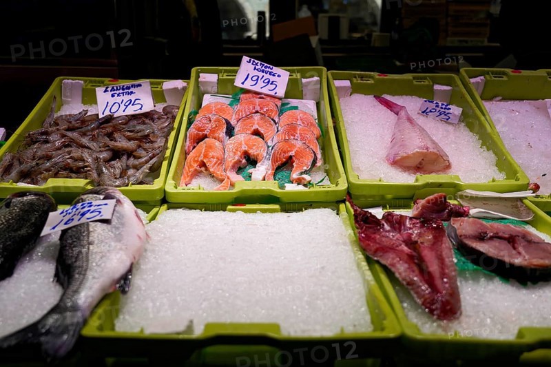 Market hall, old town centre, Bilbao, Basque Country, Spain, Europe, Market stall with various types of fish and seafood on ice, including salmon and prawns, Europe