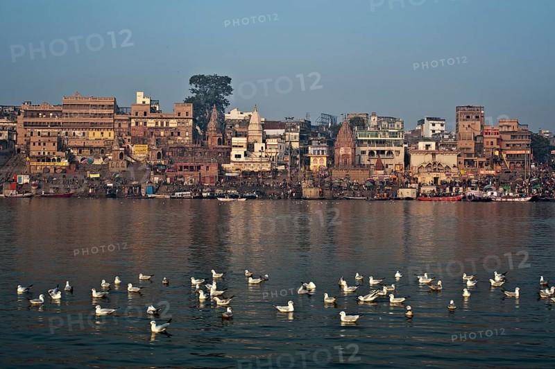 Varanasi cityscape from the Ganges river, India. Varanasi is the main pilgrimage site for hindus