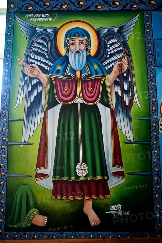 Painting representing the much revered Ethiopian saint, Tekle Haymanot, Eritrean Orthodox church, Nairobi, Kenya, Africa