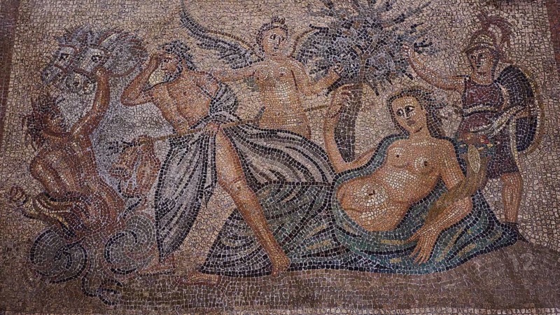Antique mosaic of a scene with mermaids and sea creatures, Poseidon pursues Polybotes, stone creates the island of Nisyros, interior view, Grand Master's Palace, Knights' Town, Rhodes Town, Rhodes, Dodecanese, Greek Islands, Greece, Europe