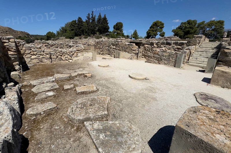 View of ruins in north-eastern part of excavation site on hill of Phaistos of Minoan culture pre-Greek ancient Greek people Minoans in antiquity, Kamilari, Crete, Greece, Europe