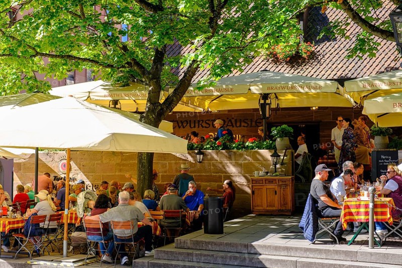 Bratwurst house at St Sebald's Church, Rathausplatz, Nuremberg, Middle Franconia, Franconia, Bavaria, Germany, Europe