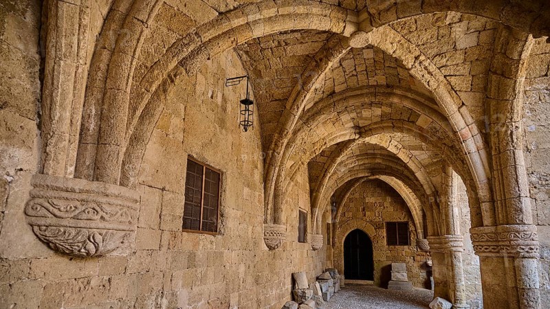 A stone corridor with a vaulted ceiling in a medieval fortress, outdoor area, Archaeological Museum, Old Town, Rhodes Town, Rhodes, Dodecanese, Greek Islands, Greece, Europe