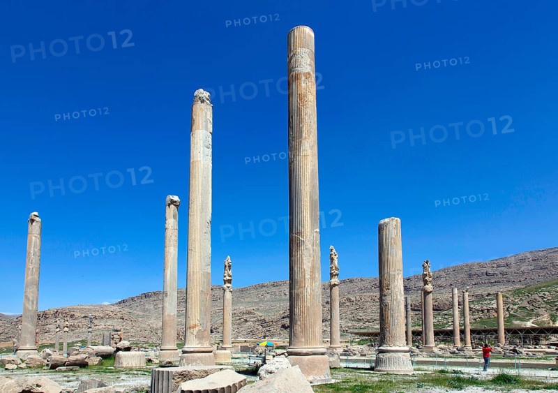 View of the ruins of Persepolis. The ancient Persian residential city of Persepolis was one of the capitals of the ancient Persian Empire under the Achaemenids and was founded by Darius I in the Persis region in 520 B.C., Persepolis, Iran, Asia