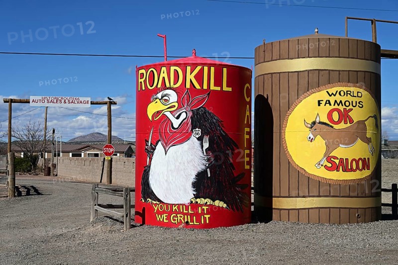 Advertising pillar for Roadkill Cafe on historic Route 66, Seligman, Arizona