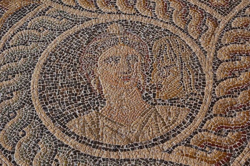 Melpomene, the singing muse, the muse of tragedy, tragic mask, one of the nine muses, detail of a historical mosaic with a face surrounded by circular patterns, interior view, Grand Master's Palace, Knights' Town, Rhodes Town, Rhodes, Dodecanese, Greek Islands, Greece, Europe