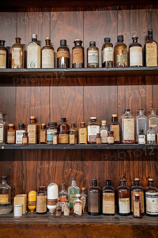 Fort Dodge, Iowa, Medicines on the shelves of Schwarz Drug Store at the Fort Museum and Frontier Village. Operated by the Fort Dodge Historical Foundation, the museum displays the frontier life of the 1850s