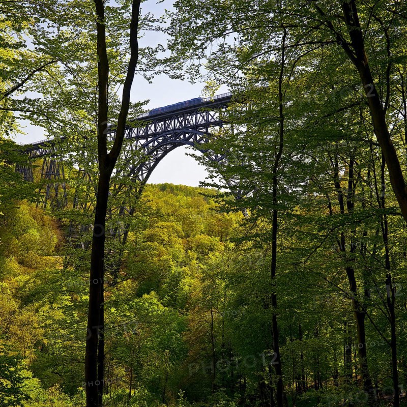 View from the forest to the Muengsten Bridge with railway, the highest railway bridge in Germany between Solingen and Remscheid