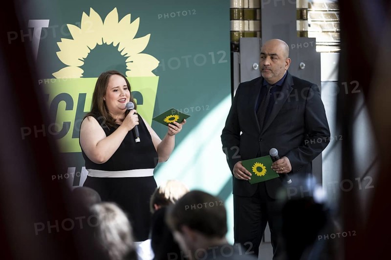 Ricarda Lang, Federal Chairwoman of Buendnis 90/DIE Gruenen, and Omid Nouripour, Buendnis 90/DIE Gruenen, at a press event in Berlin, 13.05.2024. The campaign tours for the European elections of Buendnis 90/DIE Gruenen start today