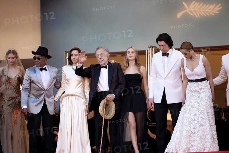 Cannes, France, 16.5.2024: Grace VanderWaal, Giancarlo Esposito, Aubrey Plaza, Francis Ford Coppola, Romy Croquet Mars, Adam Driver and Nathalie Emmanuel at the premiere of Megalopolis on the red carpet of the Palais des Festivals during the 77th Cannes International Film Festival. The 77th Cannes International Film Festival will take place from 14 to 25 May 2024, Europe