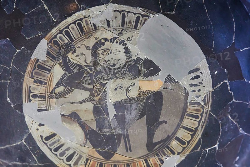 Attic Bowl, Broken ancient bowl with a mythological figure in the centre, Interiors, Archaeological Museum, Old Town, Rhodes Town, Rhodes, Dodecanese, Greek Islands, Greece, Europe
