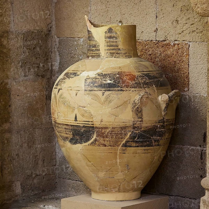 Large antique vase with detailed pattern and golden colour, stone-like, interiors, Archaeological Museum, Old Town, Rhodes Town, Rhodes, Dodecanese, Greek Islands, Greece, Europe