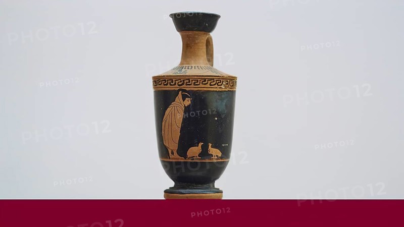 A boy watches two partridges, Antique Greek vase with a black figure and red decorations on a beige background, Interior, Archaeological Museum, Old Town, Rhodes Town, Rhodes, Dodecanese, Greek Islands, Greece, Europe