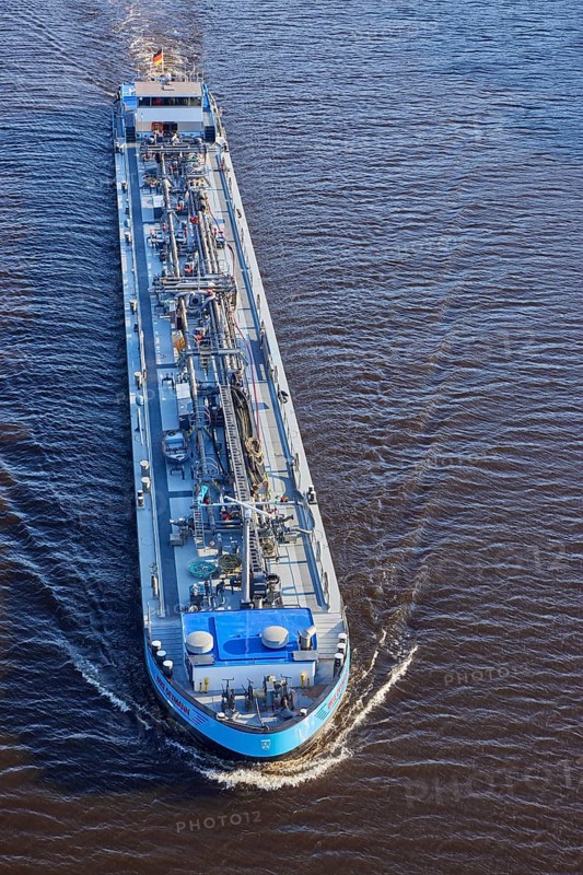 Bird's eye view of the tanker Imke Deymann on the Kiel Canal near Beldorf, Rendsburg-Eckernfoerde district, Schleswig-Holstein, Germany, Europe
