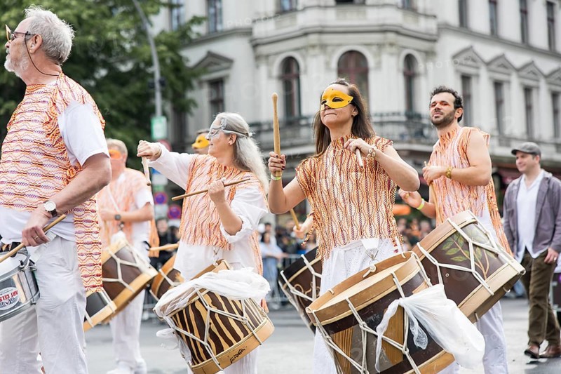 Drummers at the street parade of the 26th Carnival of Cultures in Berlin on 19.05.2024