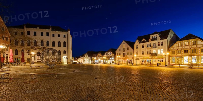 Illuminated buildings with town hall and museum, Neuer Markt, Blue Hour, Waren, Mueritz, Mecklenburg Lake District, Mecklenburg, Mecklenburg-Western Pomerania, Germany, Europe