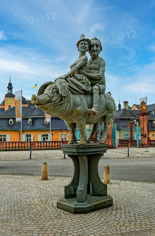 Lucky pig by Peter Lenk in front of the castle on the Schlossplatz, Schwetzingen, Baden-Wuerttemberg, Germany, Europe