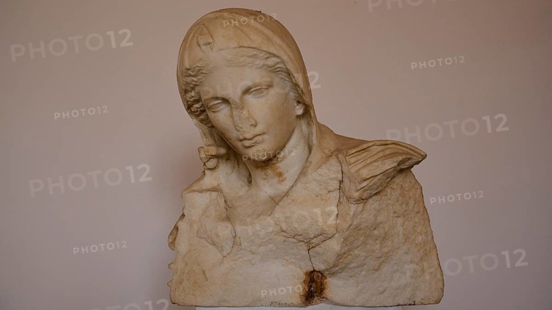 Bust of a woman, A marble bust depicting a person with a melancholic expression, Interiors, Archaeological Museum, Old Town, Rhodes Town, Rhodes, Dodecanese, Greek Islands, Greece, Europe