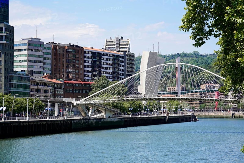 Pedestrian bridge Zubizuri, White Bridge, Bilbao, A modern pedestrian bridge over a river in an urban environment with buildings and trees, Old Town, Bilbao, Basque Country, Spain, Europe