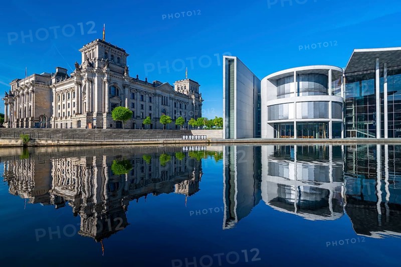 Reichstag, Paul Loebe House reflected in the Spree, Berlin, Germany, Europe