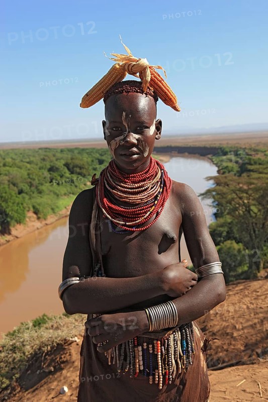 Southern Ethiopia, Omo region, Omo river landscape, proud woman of the Karo people with headdress, necklaces and face painting, Ethiopia, Africa