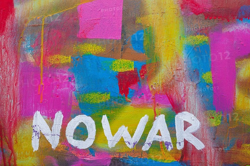 Lettering No War, kein Krieg, colourfully painted vintage car, colour surface, Germany, Europe