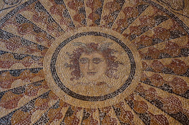 Detailed mosaic of a sun face with a halo, head of Medusa, interior view, Grand Master's Palace, Knights' Town, Rhodes Town, Rhodes, Dodecanese, Greek Islands, Greece, Europe