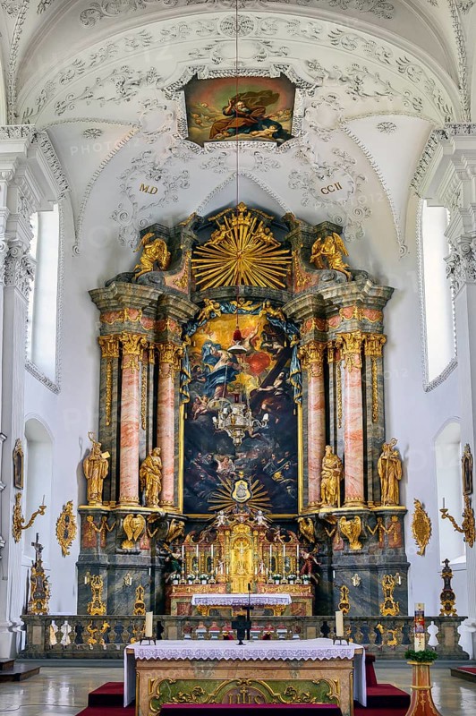 The main altar, former monastery church of St. Peter and Paul, Irsee monastery or abbey, former Benedictine abbey, is now a conference and education centre of the district of Swabia, Irsee, Swabia, Bavaria, Germany, Europe