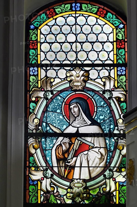 Colourful stained glass window, St. Theresa, Filialkirche Kronburg, Kronburg, Allgaeu, Swabia, Bavaria, Germany, Europe