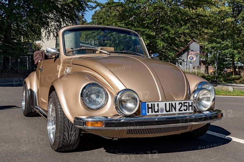 Oldtimer Volkswagen VW Beetle Cabriolet, convertible, restored, refined, number plate changed, car park summit mountain Hoherodskopf, Schotten, nature park volcanic region Vogelsberg, Hesse, Germany, Europe