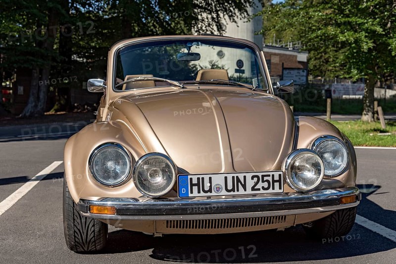 Oldtimer Volkswagen VW Beetle Cabriolet, convertible, restored, refined, number plate changed, car park summit mountain Hoherodskopf, Schotten, nature park volcanic region Vogelsberg, Hesse, Germany, Europe