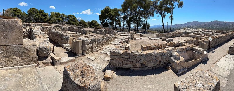 Panoramic view of eastern part of Princess Complex building with chambers of Princess In archaeological site on hill of Phaistos of Minoan culture pre-Greek ancient Greek people Minoans in antiquity, Kamilari, Crete, Greece, Europe