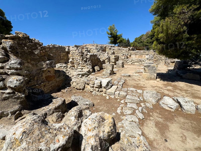 View of ancient foundation walls Walls in north-east part of north-east complex of excavation site on hill of Phaistos of Minoan culture pre-Greek ancient Greek people Minoans in antiquity, Kamilari, Crete, Greece, Europe