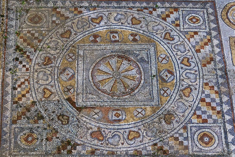 Floor mosaic with artistic patterns in a historical context, outdoor area, Archaeological Museum, Old Town, Rhodes Town, Rhodes, Dodecanese, Greek Islands, Greece, Europe